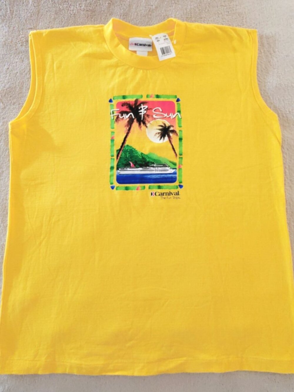 Vtg Carnival Cruise The Fun Ships Sleeveless Top Size L Yellow Fun & Sun Graphic
